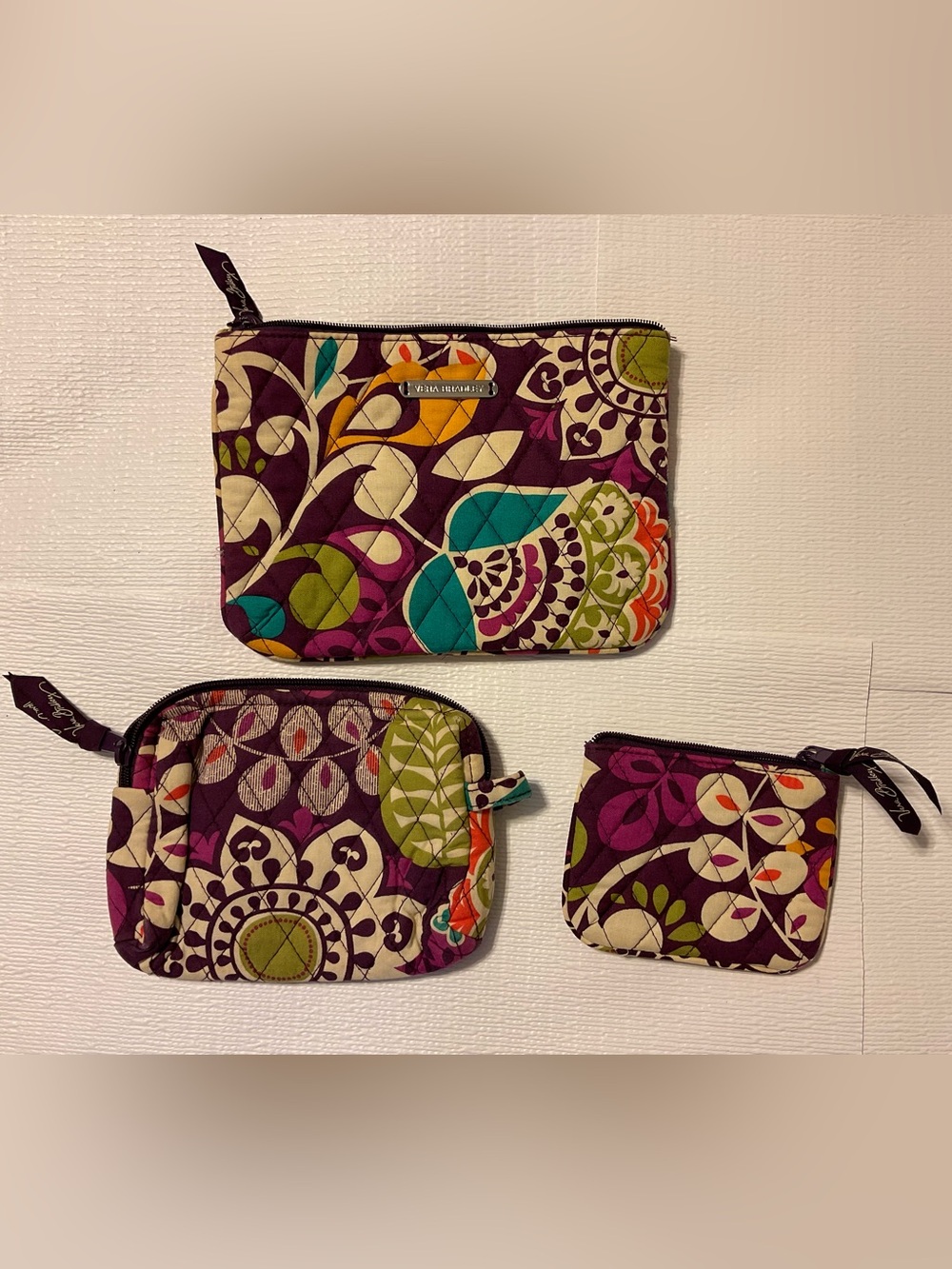 Vera Bradley Purple Teal Lime Orange Floral Quilted Pouch Set